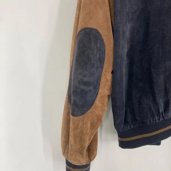 Round tree & York Vintage 90s Y2K Leather Bomber Varsity Black Brown Elbow Patch